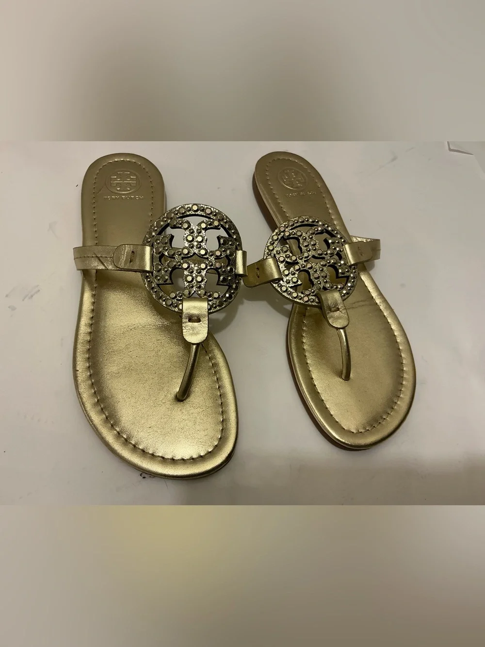 Tory Burch Metallic Gold Logo Crystal Thong Sandals